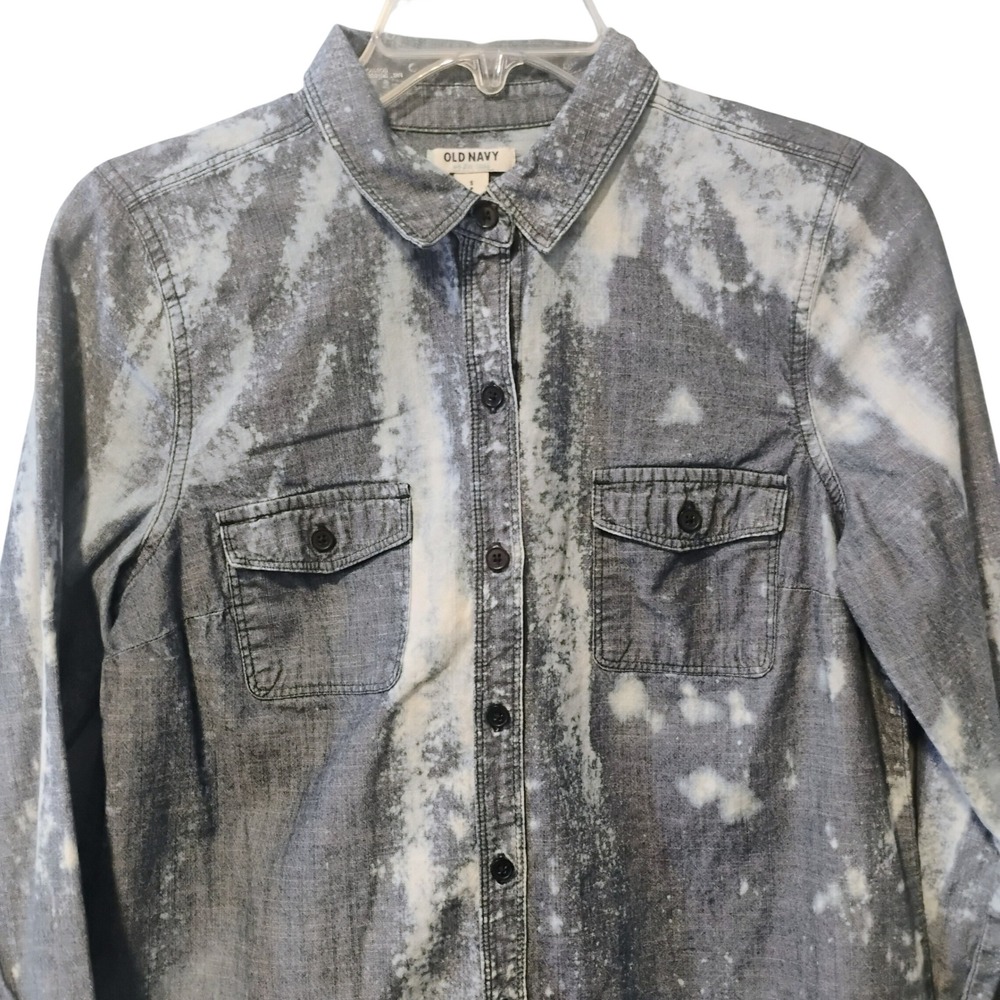 Old Navy Womens Grey Acid‎ Wash Bleached Denim Button Down Shirt Small
